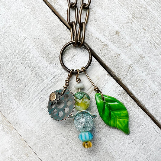 Sunny Fairy Lantern Trinket Necklace: Hand-sculpted Polymer Clay Glazed Charm + Beaded Charms + 18" Chain