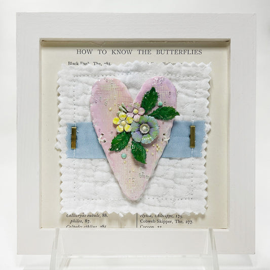 Handmade Heartfelt Sampler 9: framed hand sculpted heart with hand-painted enameled flowers by artist Tammy Tutterow