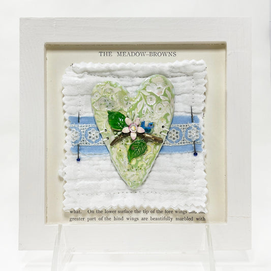 Handmade Heartfelt Sampler 14: framed hand sculpted heart with hand-painted enameled flowers by artist Tammy Tutterow