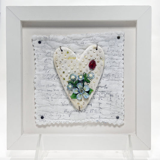 Handmade Heartfelt Sampler 1: framed hand sculpted heart with hand-painted enameled flowers by artist Tammy Tutterow