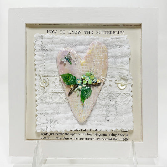 Handmade Heartfelt Sampler 12: framed hand sculpted heart with hand-painted enameled flowers by artist Tammy Tutterow