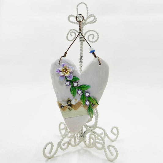 Handmade Heartfelt Ornament 6: hand sculpted heart with mixed media hand-painted enameled flowers by artist Tammy Tutterow