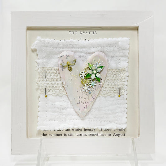 Handmade Heartfelt Sampler 16: framed hand sculpted heart with hand-painted enameled flowers by artist Tammy Tutterow