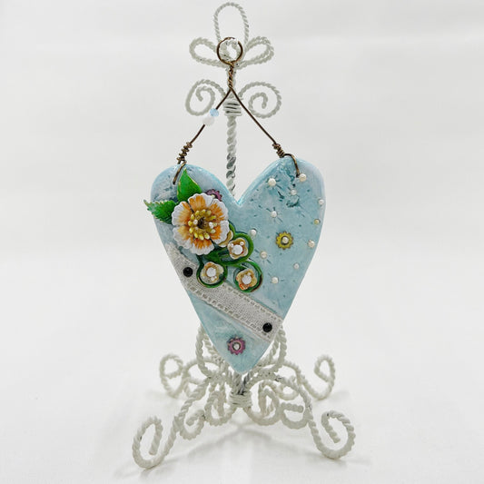 Handmade Heartfelt Ornament 1: hand sculpted heart with mixed media hand-painted enameled flowers by artist Tammy Tutterow