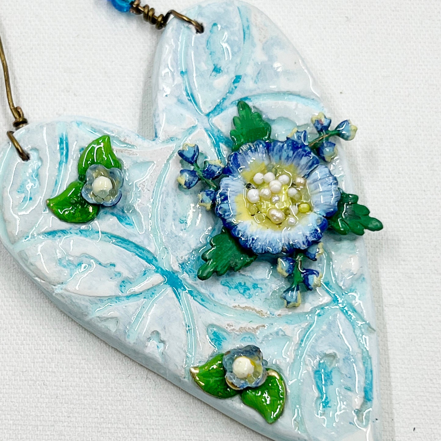 Handmade Heartfelt Ornament 2: hand sculpted heart with mixed media hand-painted enameled flowers by artist Tammy Tutterow