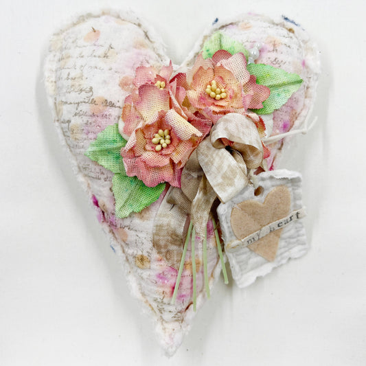 Handmade Heartfelt Love Notes Vintage Heart Bowl Filler #3: mixed media fabric art with handmade flowers by artist Tammy Tutterow