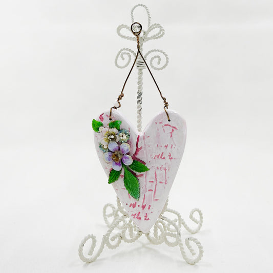 Handmade Heartfelt Ornament 3: hand sculpted heart with mixed media hand-painted enameled flowers by artist Tammy Tutterow