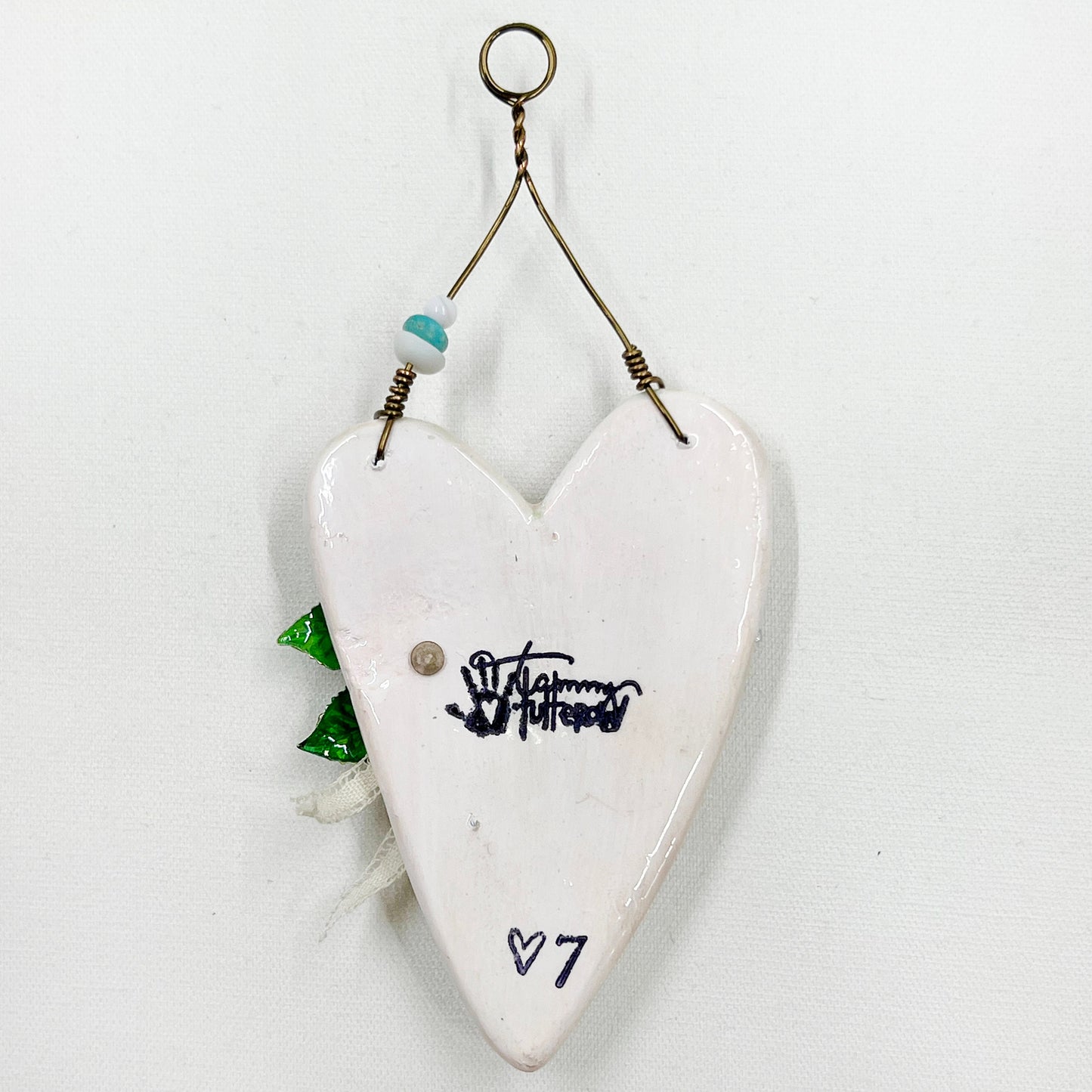 Handmade Heartfelt Ornament 7: hand sculpted heart with mixed media hand-painted enameled flowers by artist Tammy Tutterow