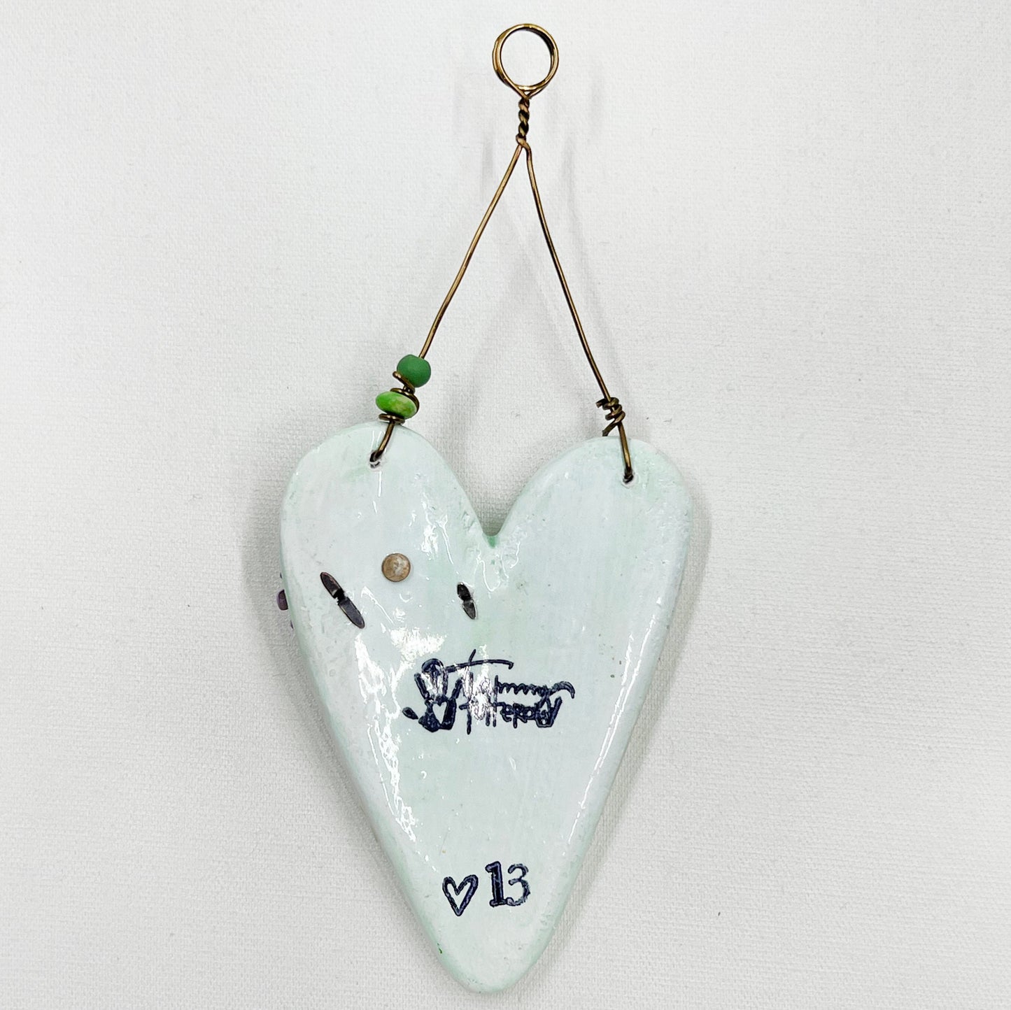 Handmade Heartfelt Ornament 13: hand sculpted heart with mixed media hand-painted enameled flowers by artist Tammy Tutterow