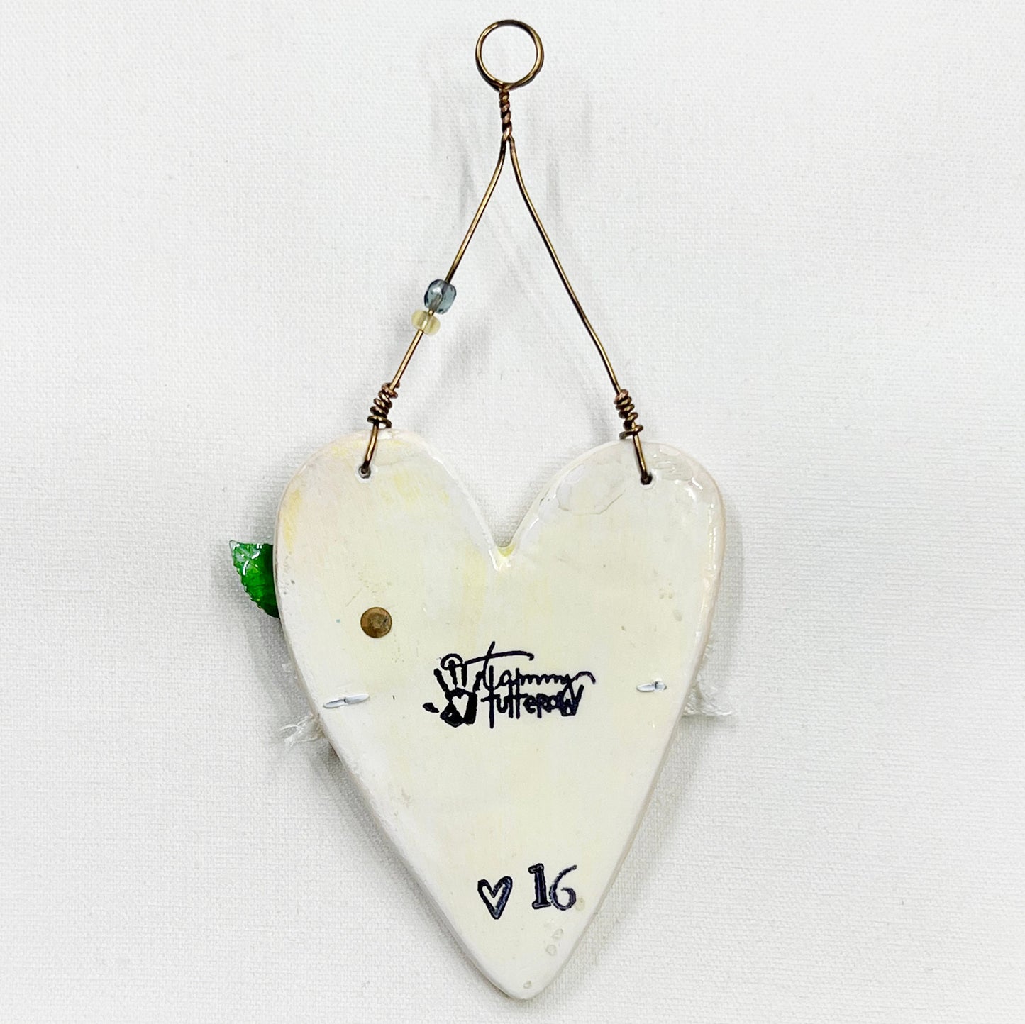 Handmade Heartfelt Ornament 16: hand sculpted heart with mixed media hand-painted enameled flowers by artist Tammy Tutterow
