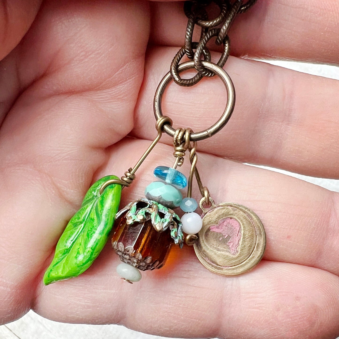 Amber Fairy Lantern Trinket Necklace: Hand-sculpted Polymer Clay Glazed Charm + Beaded Charms + 18" Chain
