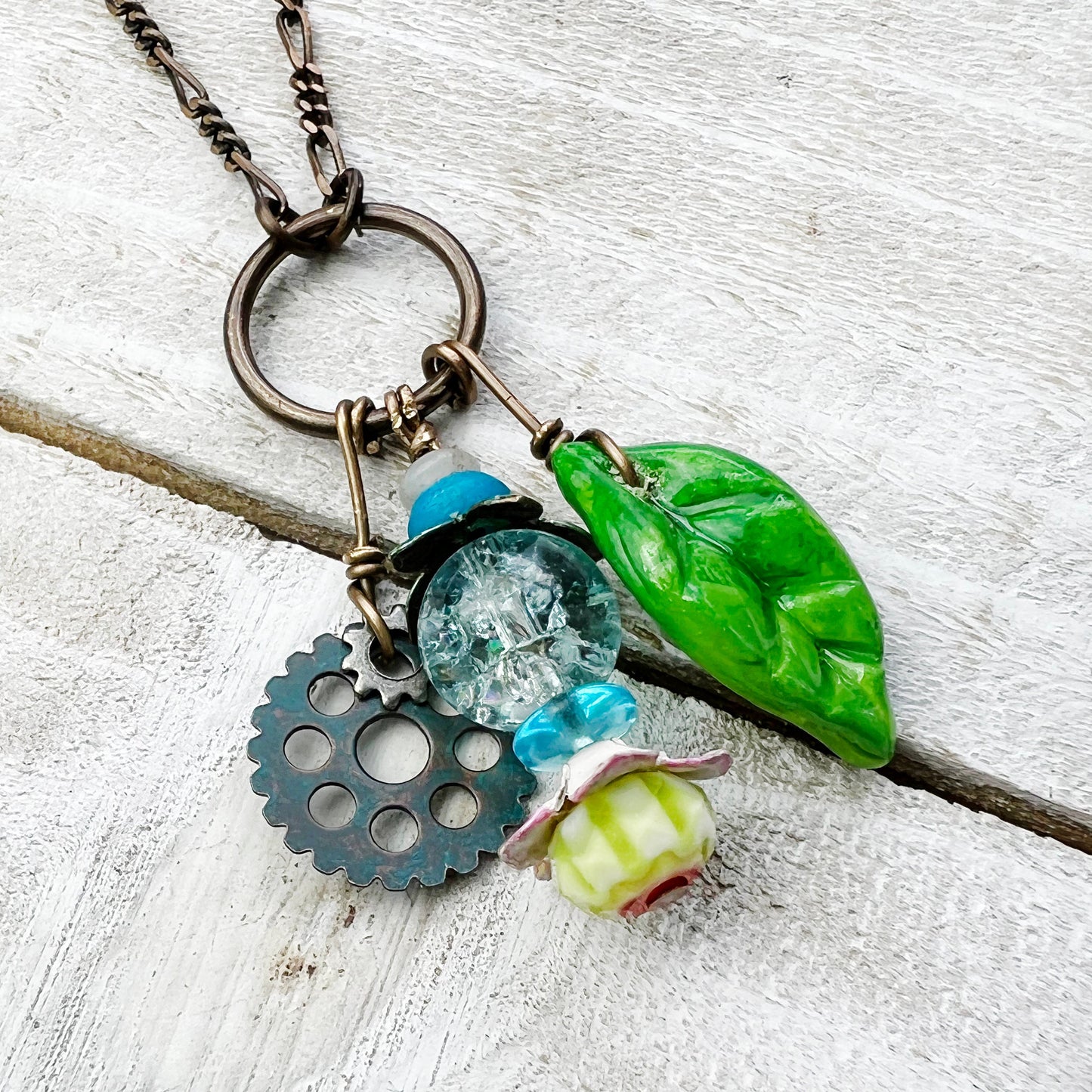 Blue Crackle Fairy Lantern Trinket Necklace: Hand-sculpted Polymer Clay Glazed Charm + Beaded Charms + 20" Chain