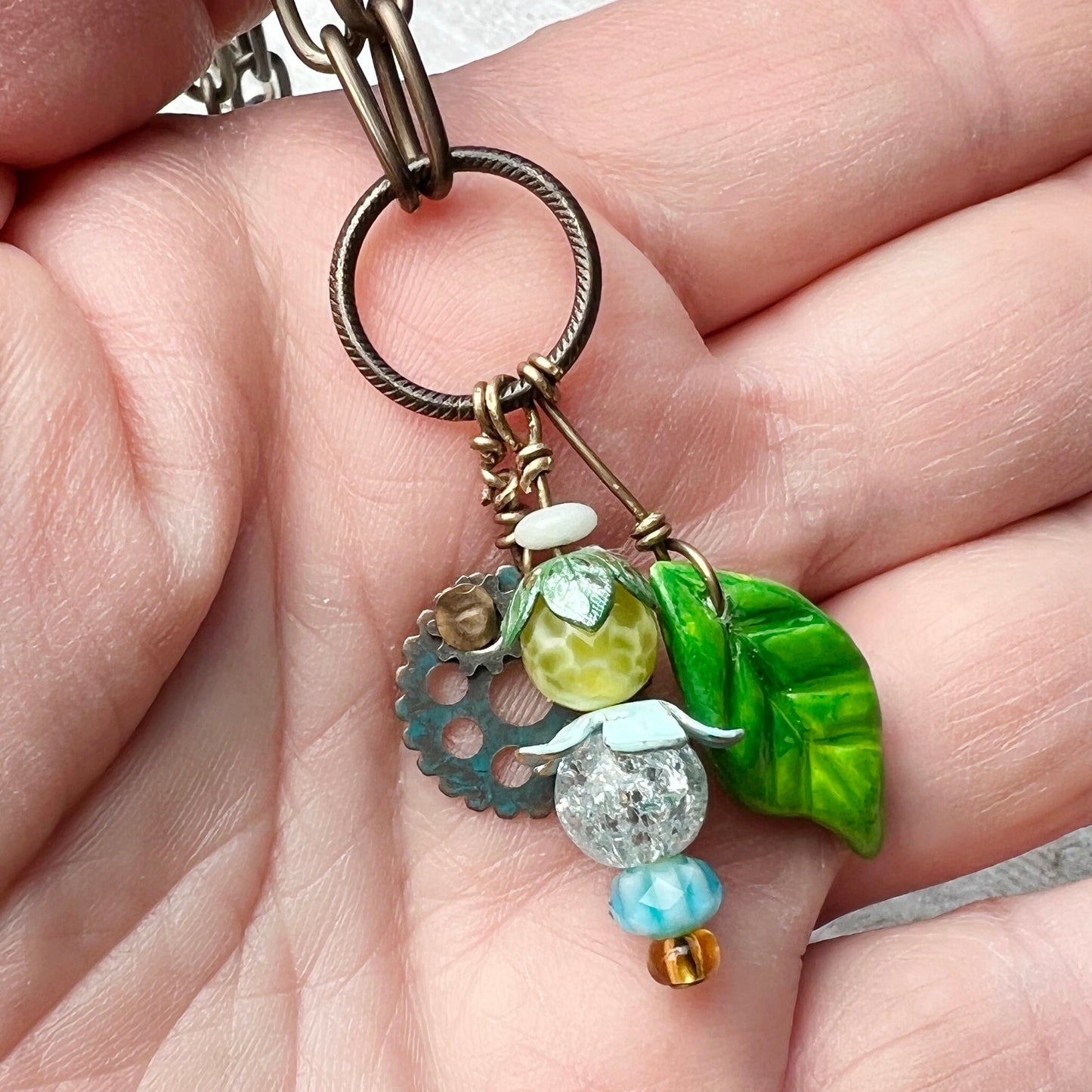 Sunny Fairy Lantern Trinket Necklace: Hand-sculpted Polymer Clay Glazed Charm + Beaded Charms + 18" Chain