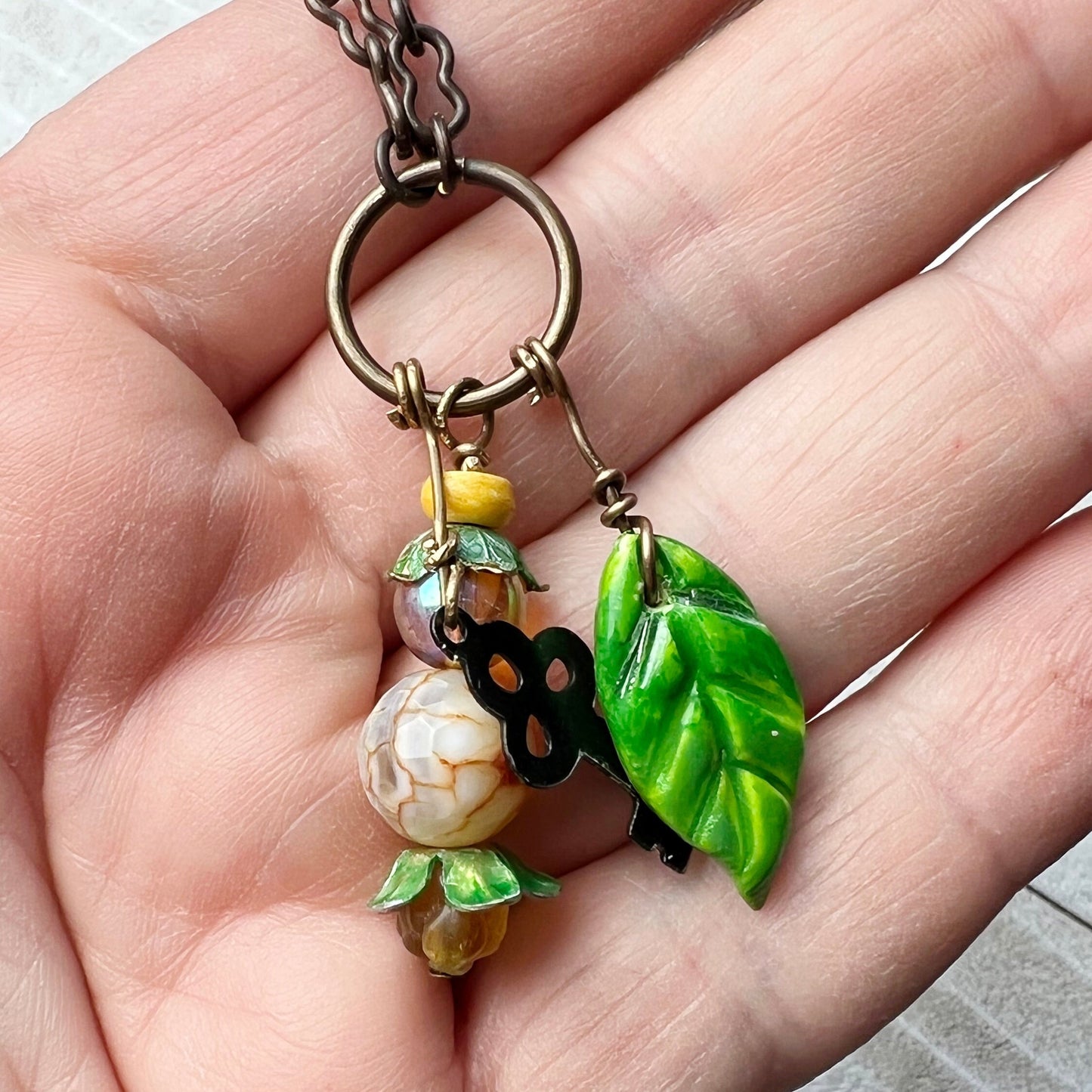 Golden Fairy Lantern Trinket Necklace: Hand-sculpted Polymer Clay Glazed Charm + Beaded Charms + 20" Chain