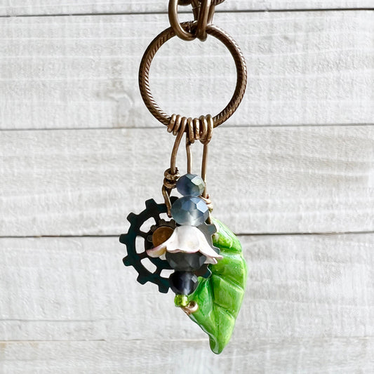 Cobalt Fairy Lantern Trinket Necklace: Hand-sculpted Polymer Clay Glazed Charm + Beaded Charms + 18" Chain