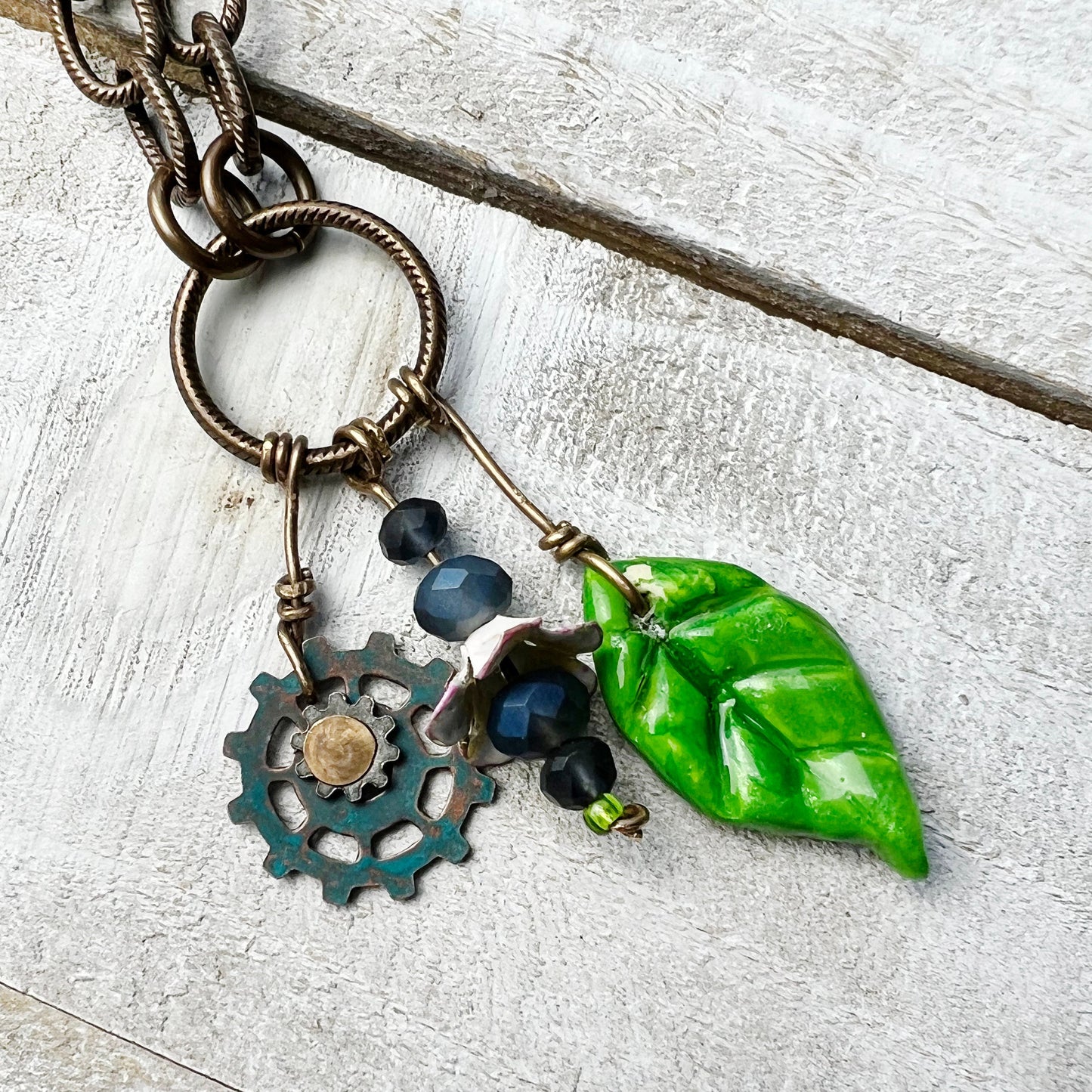 Cobalt Fairy Lantern Trinket Necklace: Hand-sculpted Polymer Clay Glazed Charm + Beaded Charms + 18" Chain