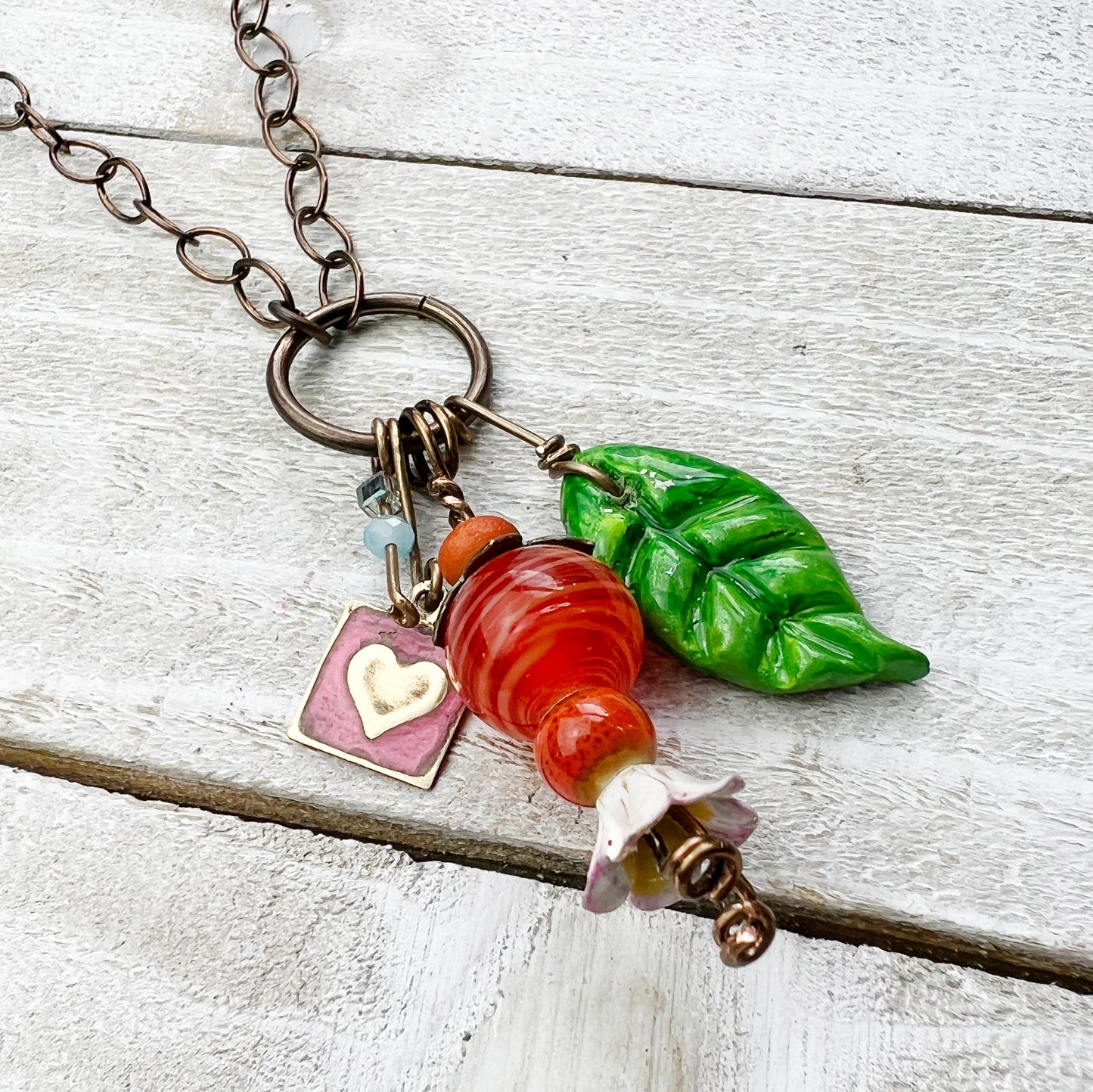 Clementine Fairy Lantern Trinket Necklace: Hand-sculpted Polymer Clay Glazed Charm + Beaded Charms + 22" Chain