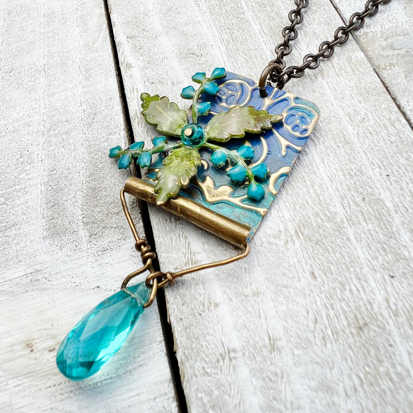 Bluebell Daydream Necklace: Hand-painted Glazed Embossed Domed Metal Charm + 18" Chain