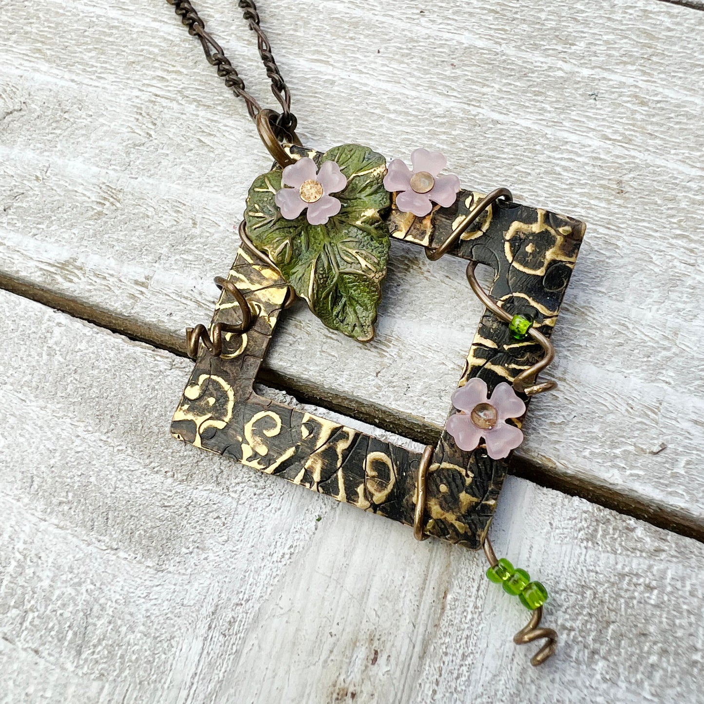 Entwined Necklace: Hand-painted Embossed Metal Charm + 18" Chain