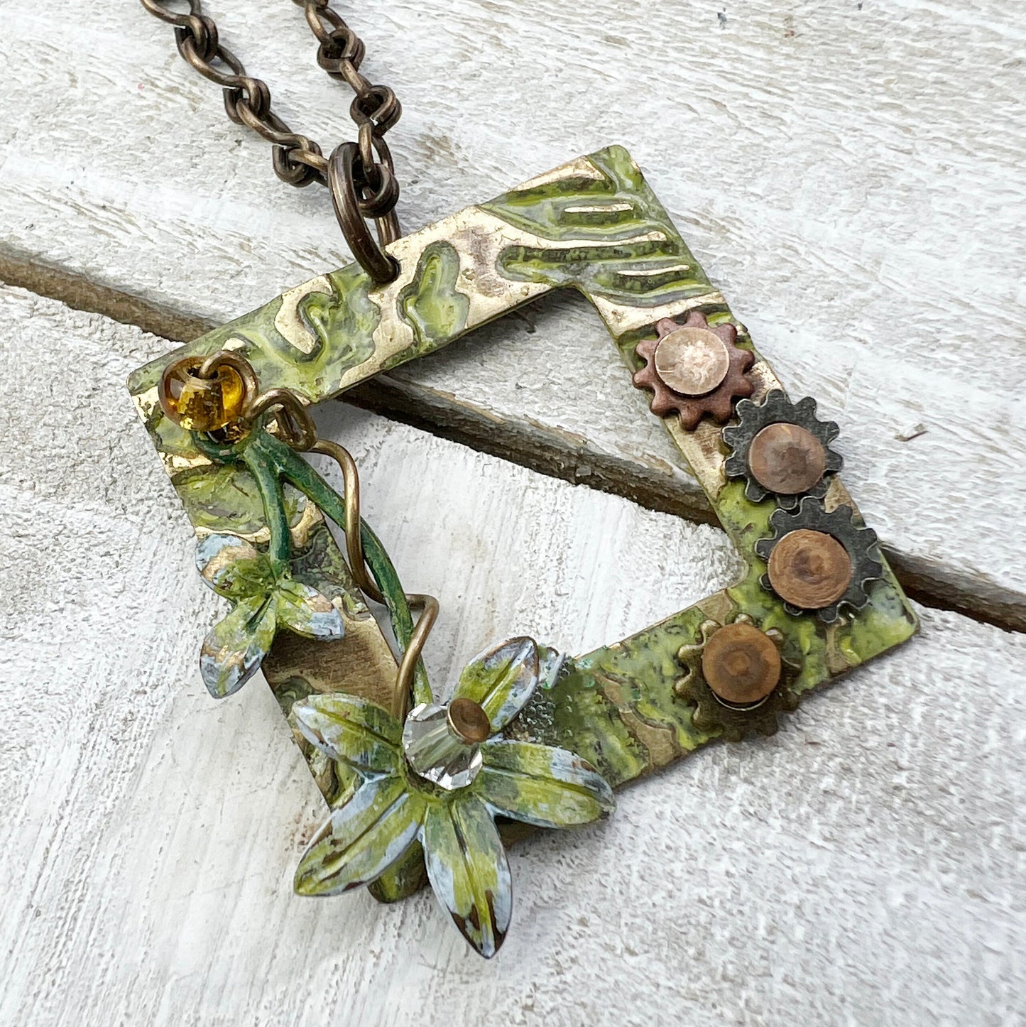 Grace & Gears Necklace: Hand-painted Embossed Metal Charm + 20" Chain
