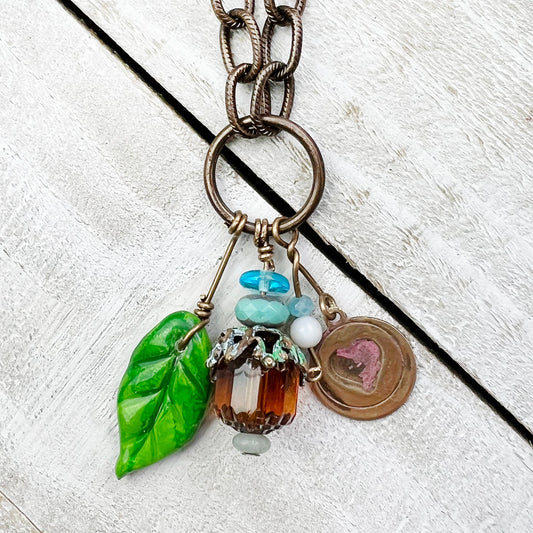 Amber Fairy Lantern Trinket Necklace: Hand-sculpted Polymer Clay Glazed Charm + Beaded Charms + 18" Chain