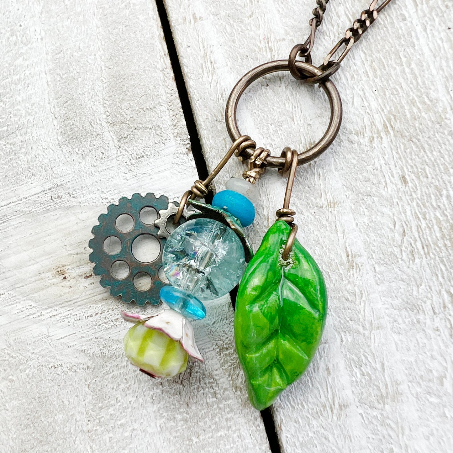 Blue Crackle Fairy Lantern Trinket Necklace: Hand-sculpted Polymer Clay Glazed Charm + Beaded Charms + 20" Chain