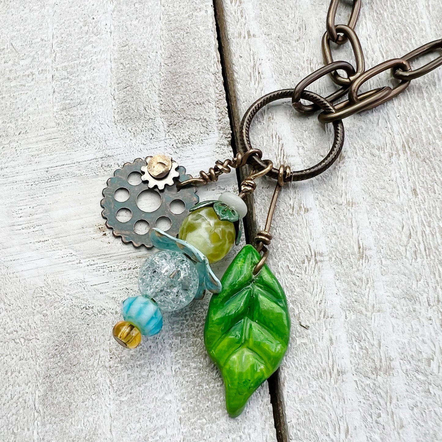 Sunny Fairy Lantern Trinket Necklace: Hand-sculpted Polymer Clay Glazed Charm + Beaded Charms + 18" Chain