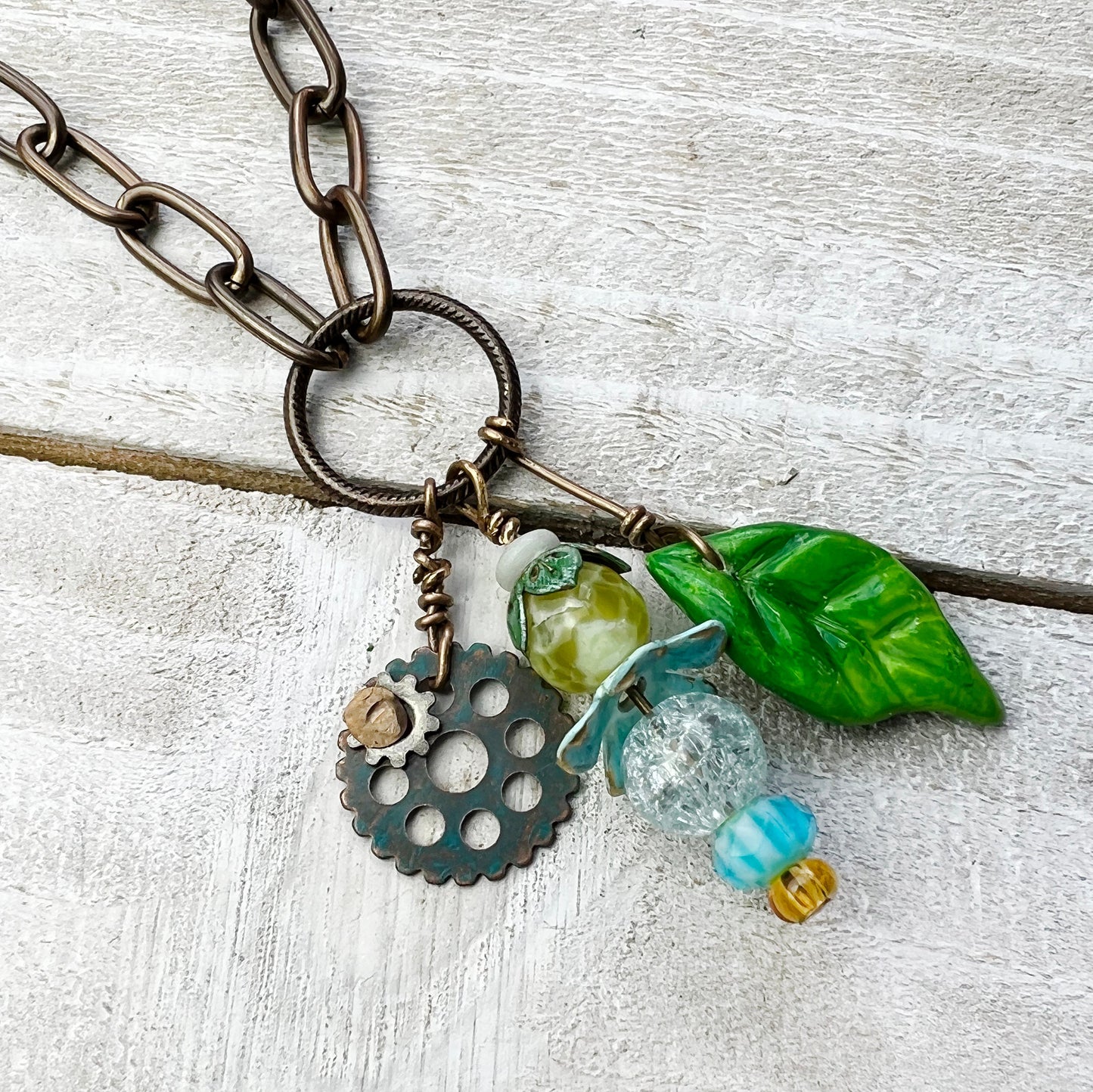 Sunny Fairy Lantern Trinket Necklace: Hand-sculpted Polymer Clay Glazed Charm + Beaded Charms + 18" Chain