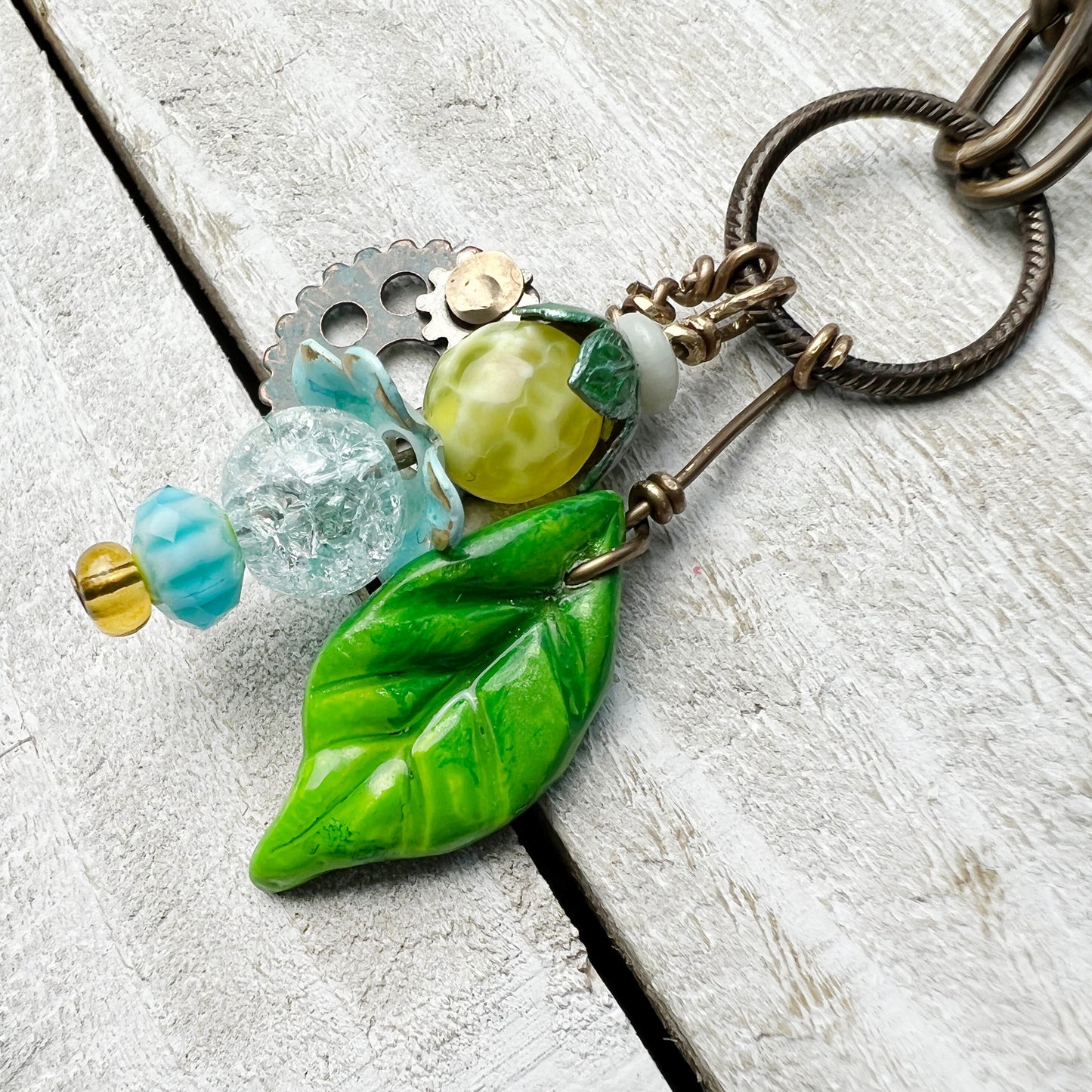 Sunny Fairy Lantern Trinket Necklace: Hand-sculpted Polymer Clay Glazed Charm + Beaded Charms + 18" Chain