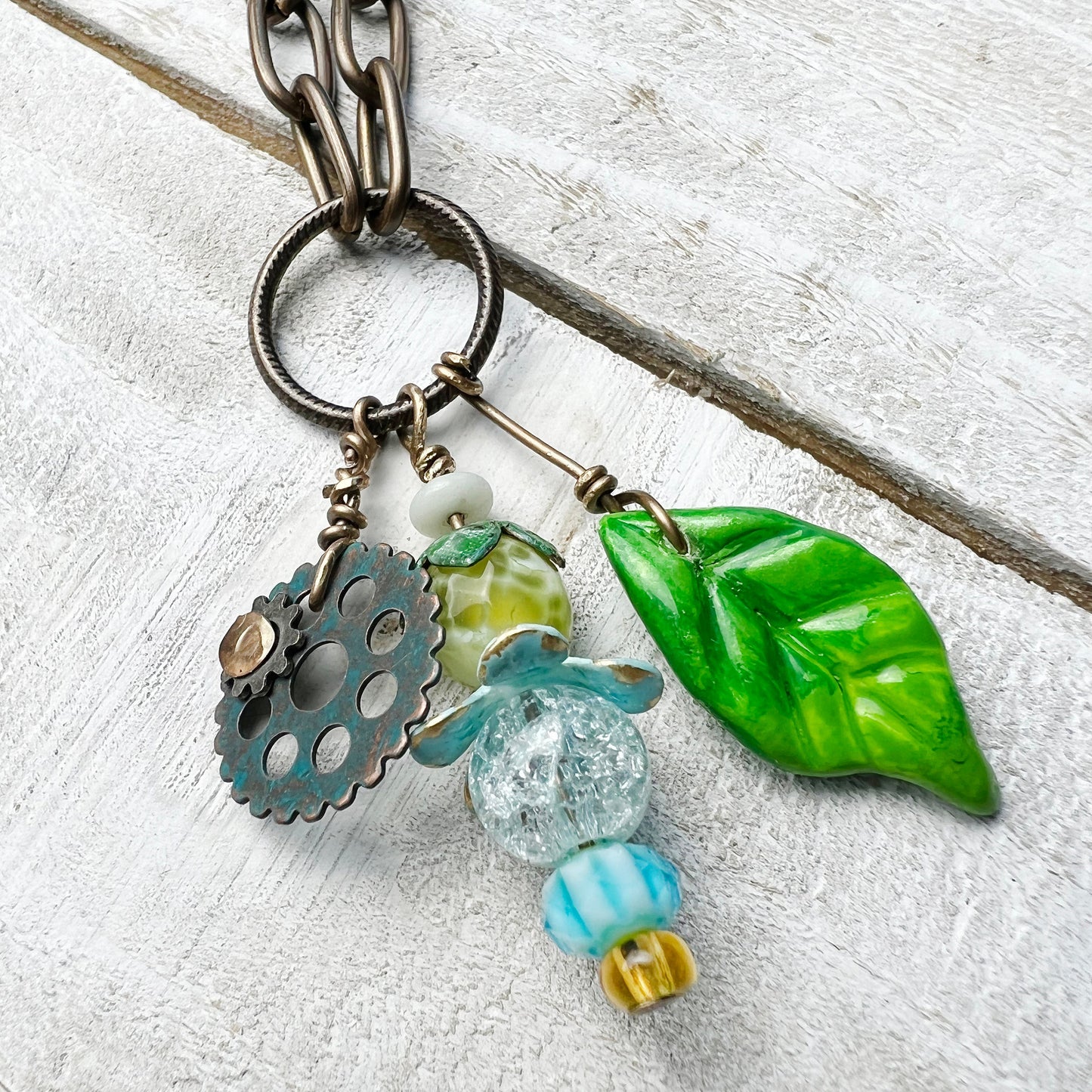 Sunny Fairy Lantern Trinket Necklace: Hand-sculpted Polymer Clay Glazed Charm + Beaded Charms + 18" Chain