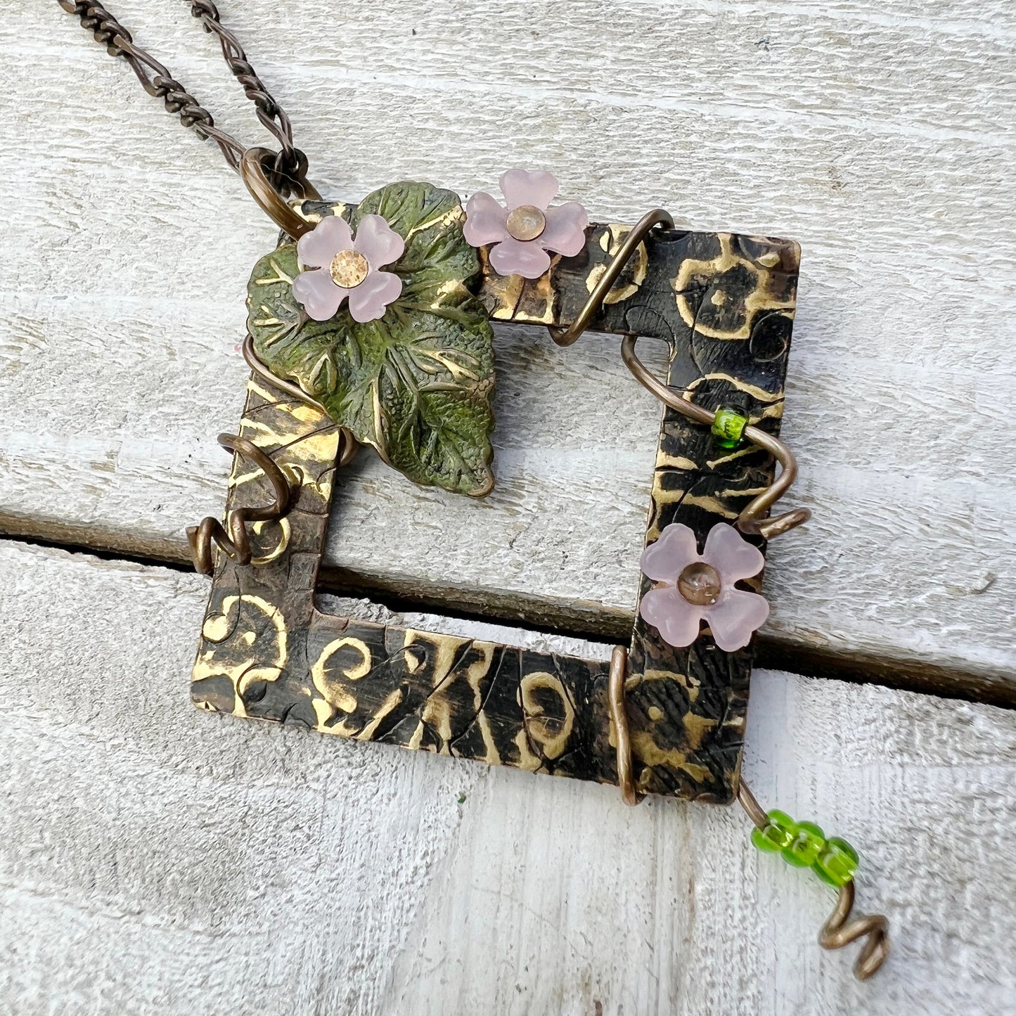 Entwined Necklace: Hand-painted Embossed Metal Charm + 18" Chain