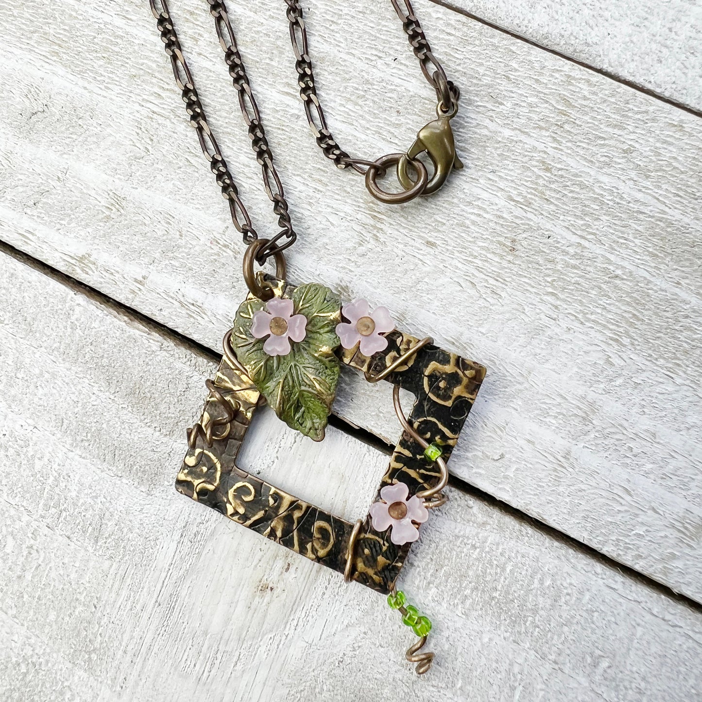 Entwined Necklace: Hand-painted Embossed Metal Charm + 18" Chain