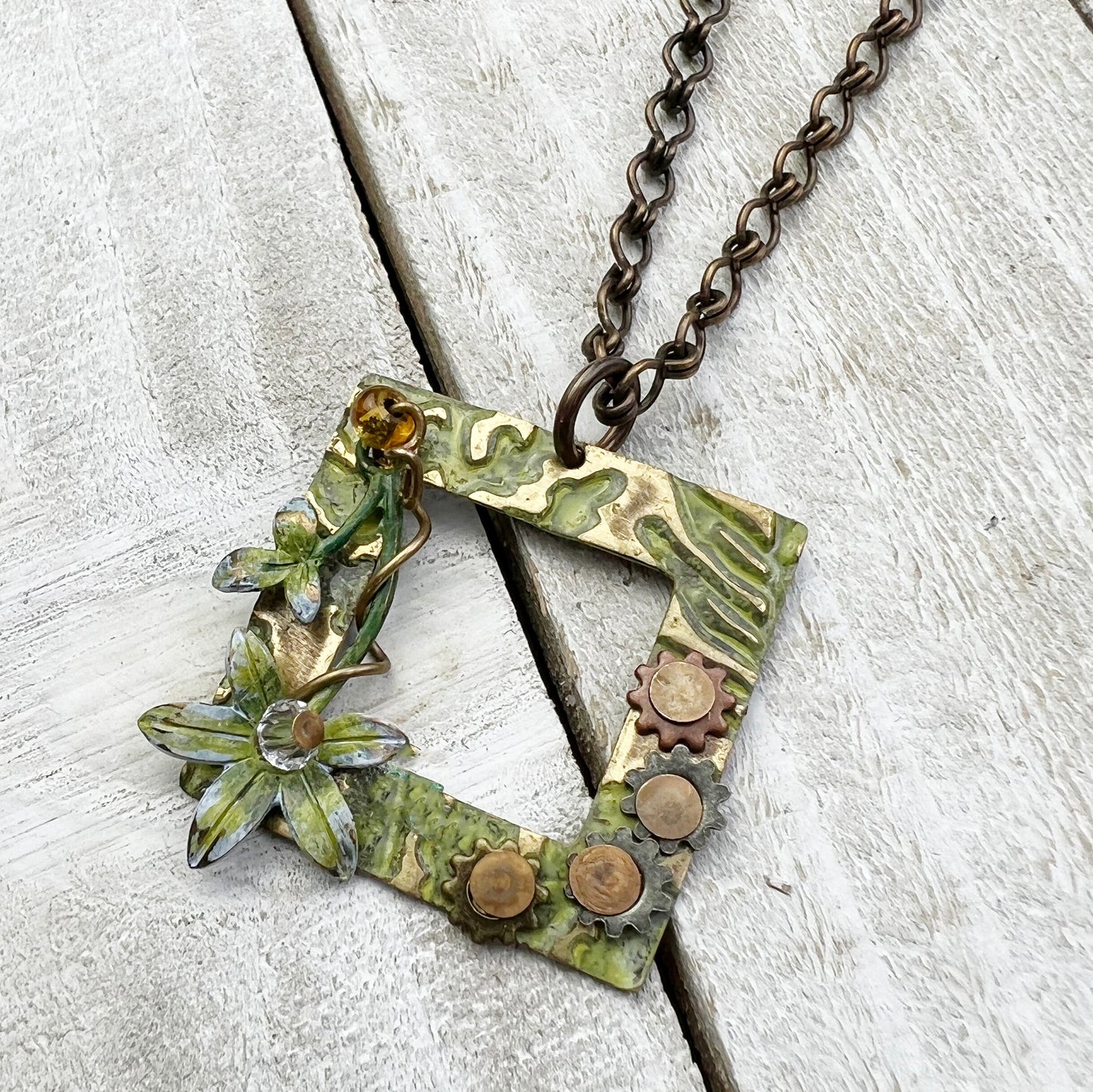 Grace & Gears Necklace: Hand-painted Embossed Metal Charm + 20" Chain