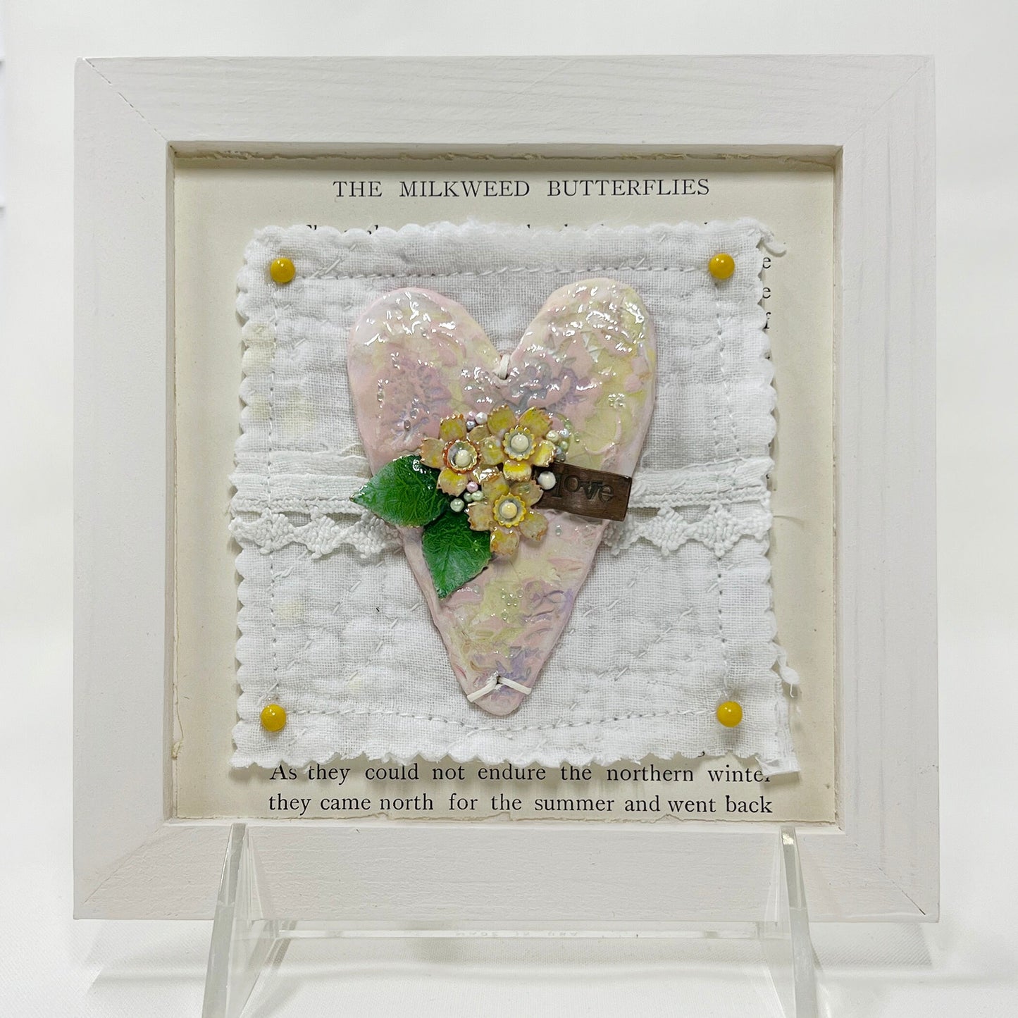Handmade Heartfelt Sampler 2: framed hand sculpted heart with hand-painted enameled flowers by artist Tammy Tutterow