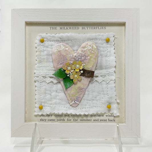 Handmade Heartfelt Sampler 2: framed hand sculpted heart with hand-painted enameled flowers by artist Tammy Tutterow