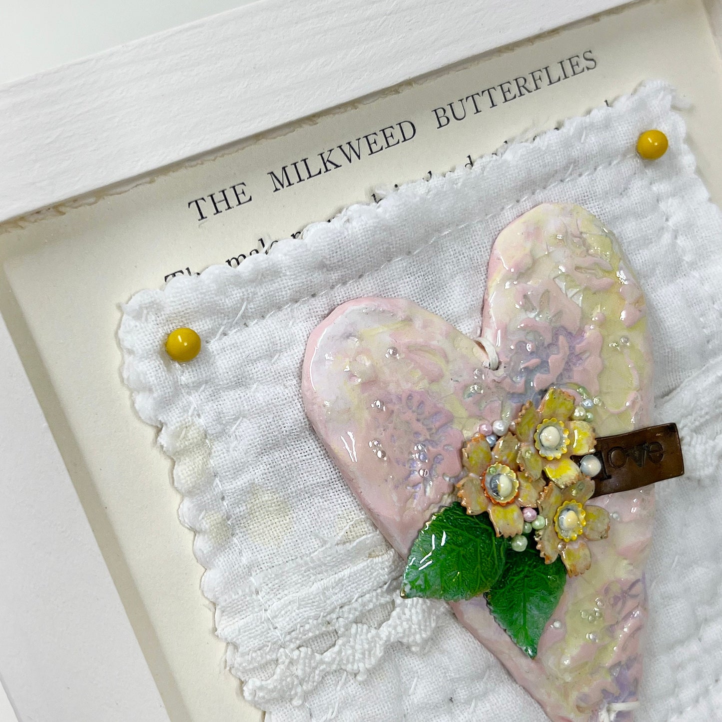 Handmade Heartfelt Sampler 2: framed hand sculpted heart with hand-painted enameled flowers by artist Tammy Tutterow