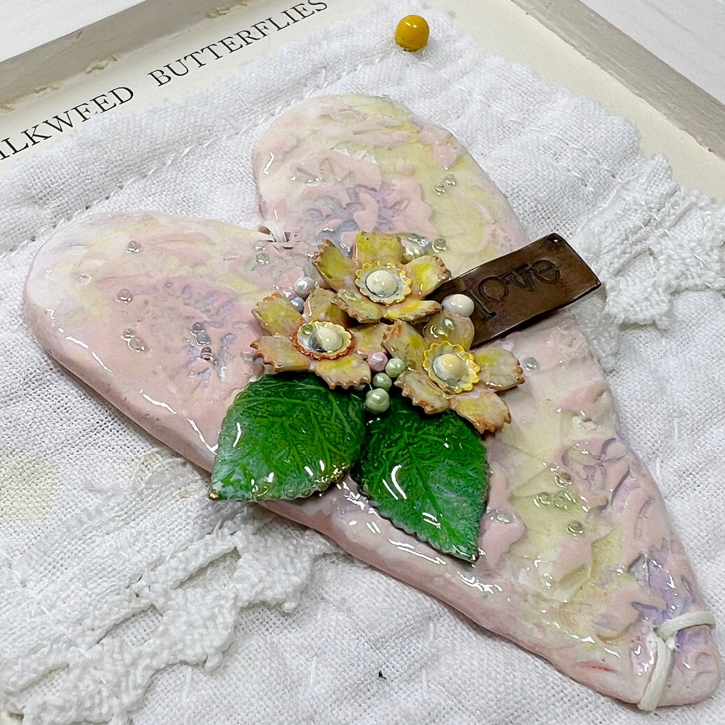 Handmade Heartfelt Sampler 2: framed hand sculpted heart with hand-painted enameled flowers by artist Tammy Tutterow