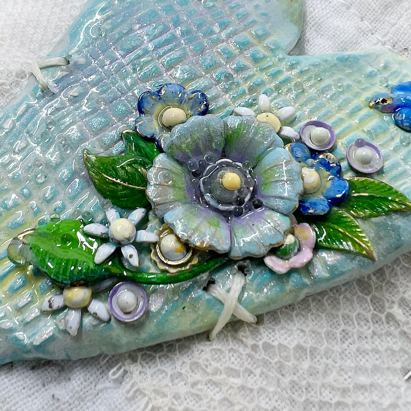 Handmade Heartfelt Sampler 3: framed hand sculpted heart with hand-painted enameled flowers by artist Tammy Tutterow
