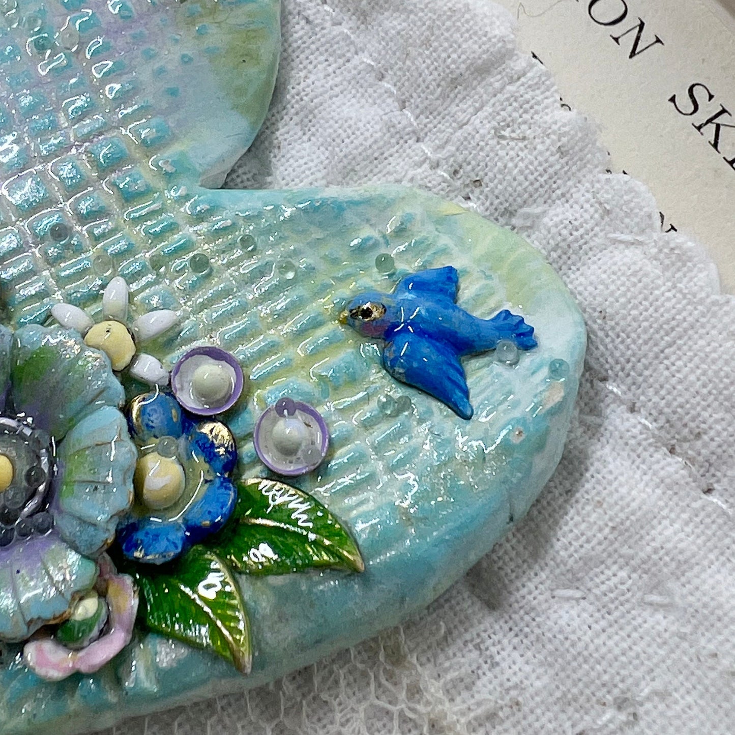 Handmade Heartfelt Sampler 3: framed hand sculpted heart with hand-painted enameled flowers by artist Tammy Tutterow