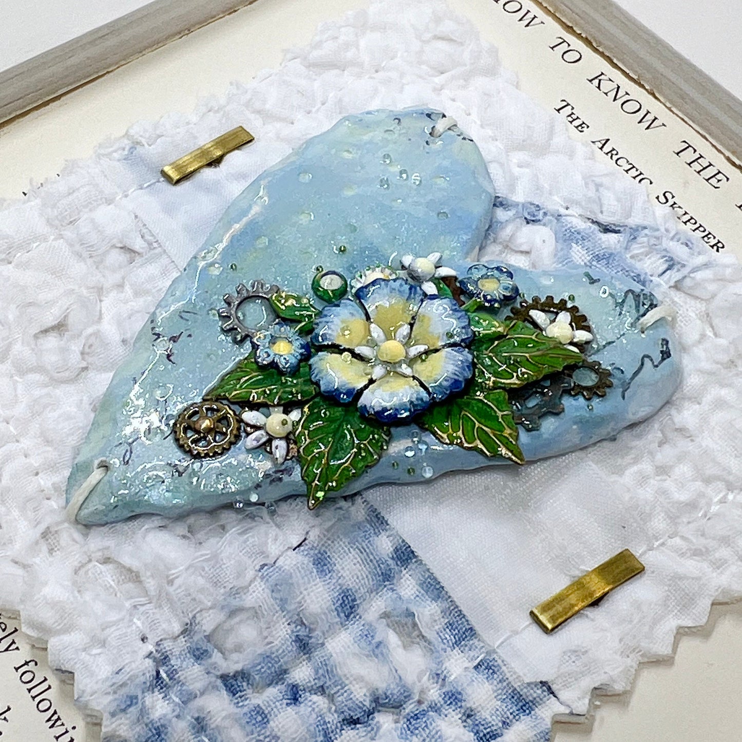 Handmade Heartfelt Sampler 5: framed hand sculpted heart with hand-painted enameled flowers by artist Tammy Tutterow
