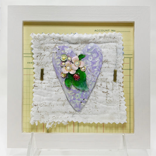 Handmade Heartfelt Sampler 8: framed hand sculpted heart with hand-painted enameled flowers by artist Tammy Tutterow
