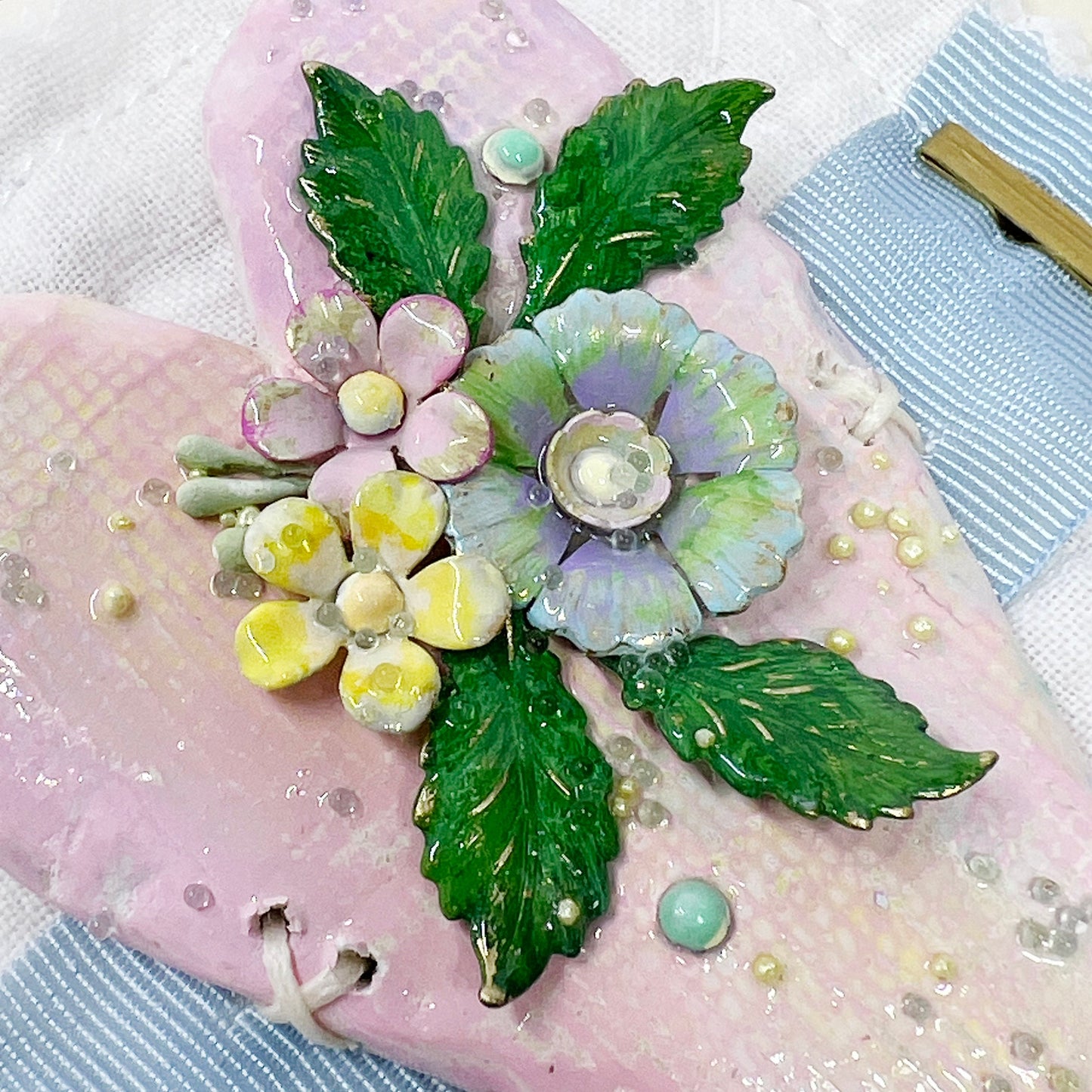 Handmade Heartfelt Sampler 9: framed hand sculpted heart with hand-painted enameled flowers by artist Tammy Tutterow