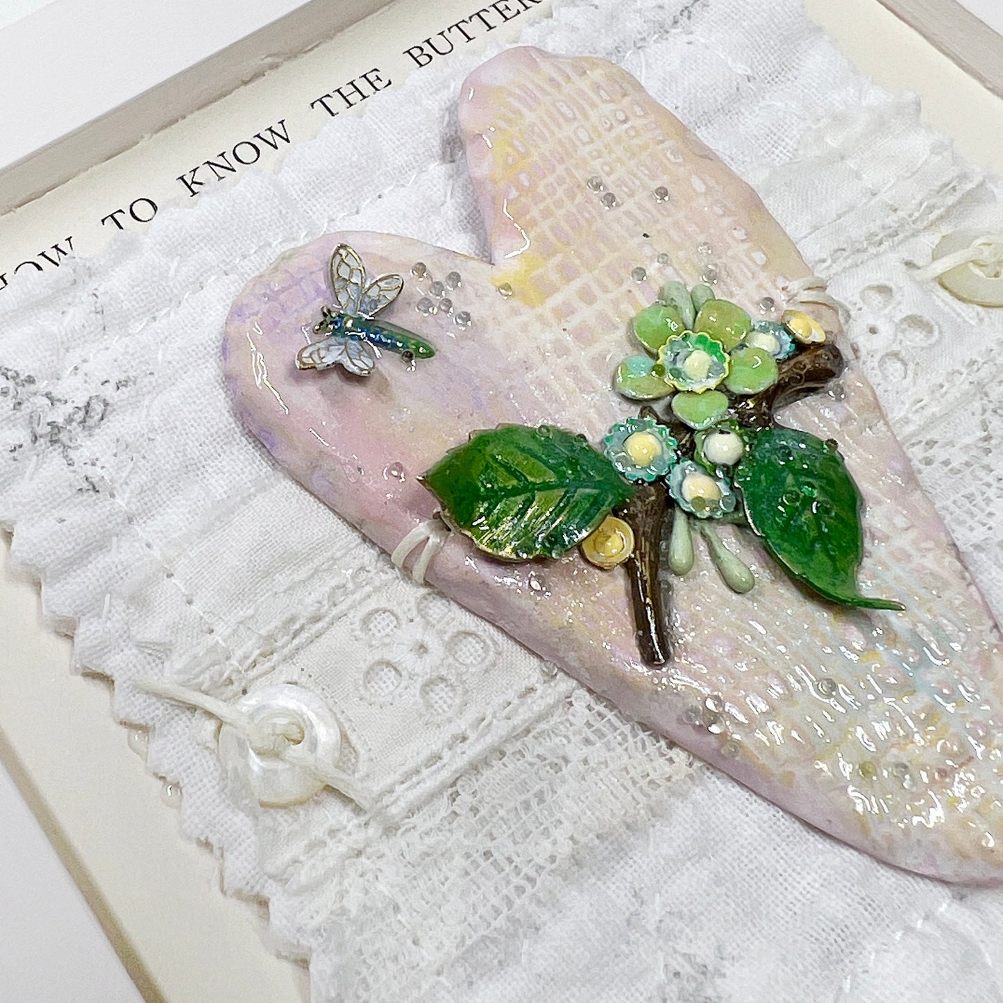 Handmade Heartfelt Sampler 12: framed hand sculpted heart with hand-painted enameled flowers by artist Tammy Tutterow