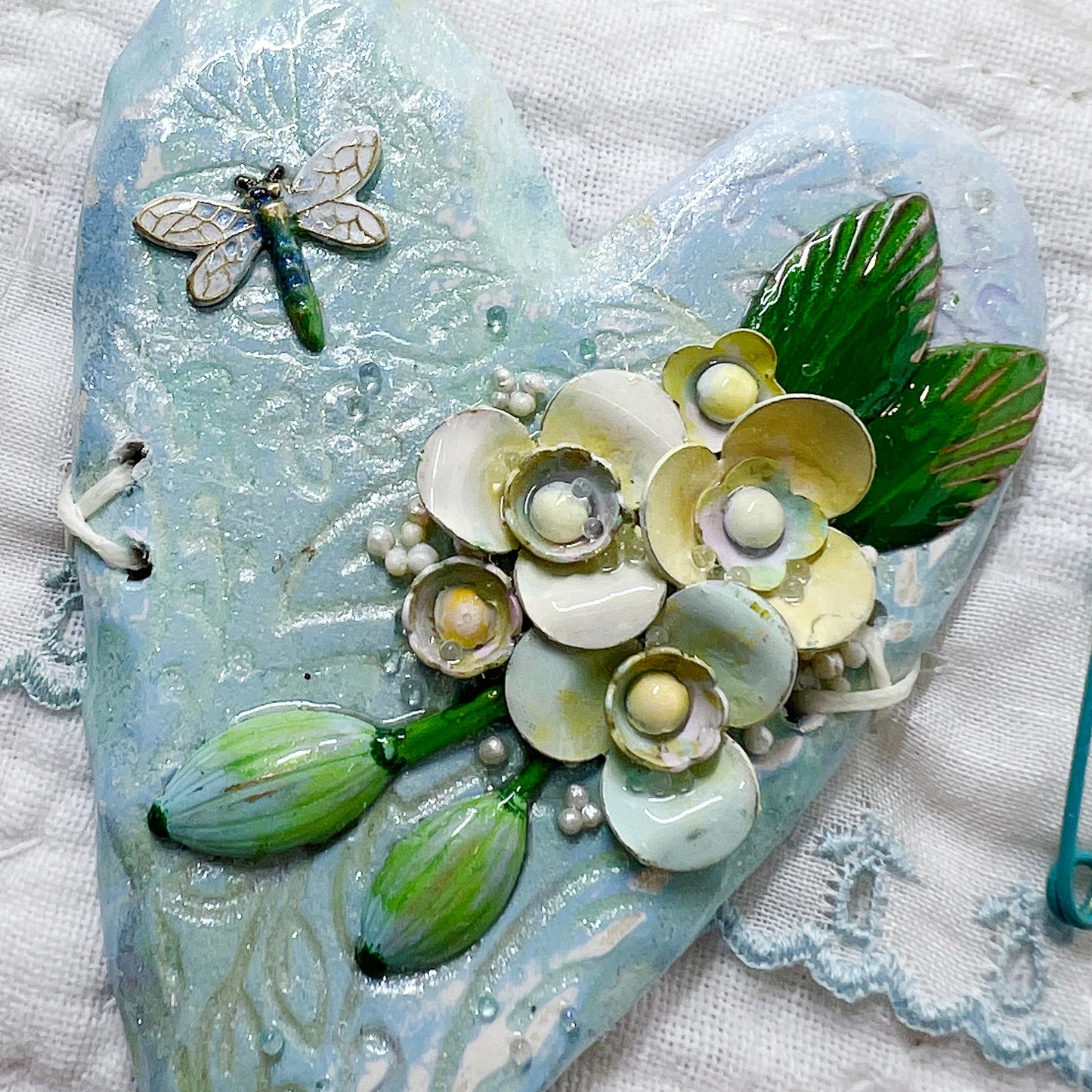 Handmade Heartfelt Sampler 13: framed hand sculpted heart with hand-painted enameled flowers by artist Tammy Tutterow