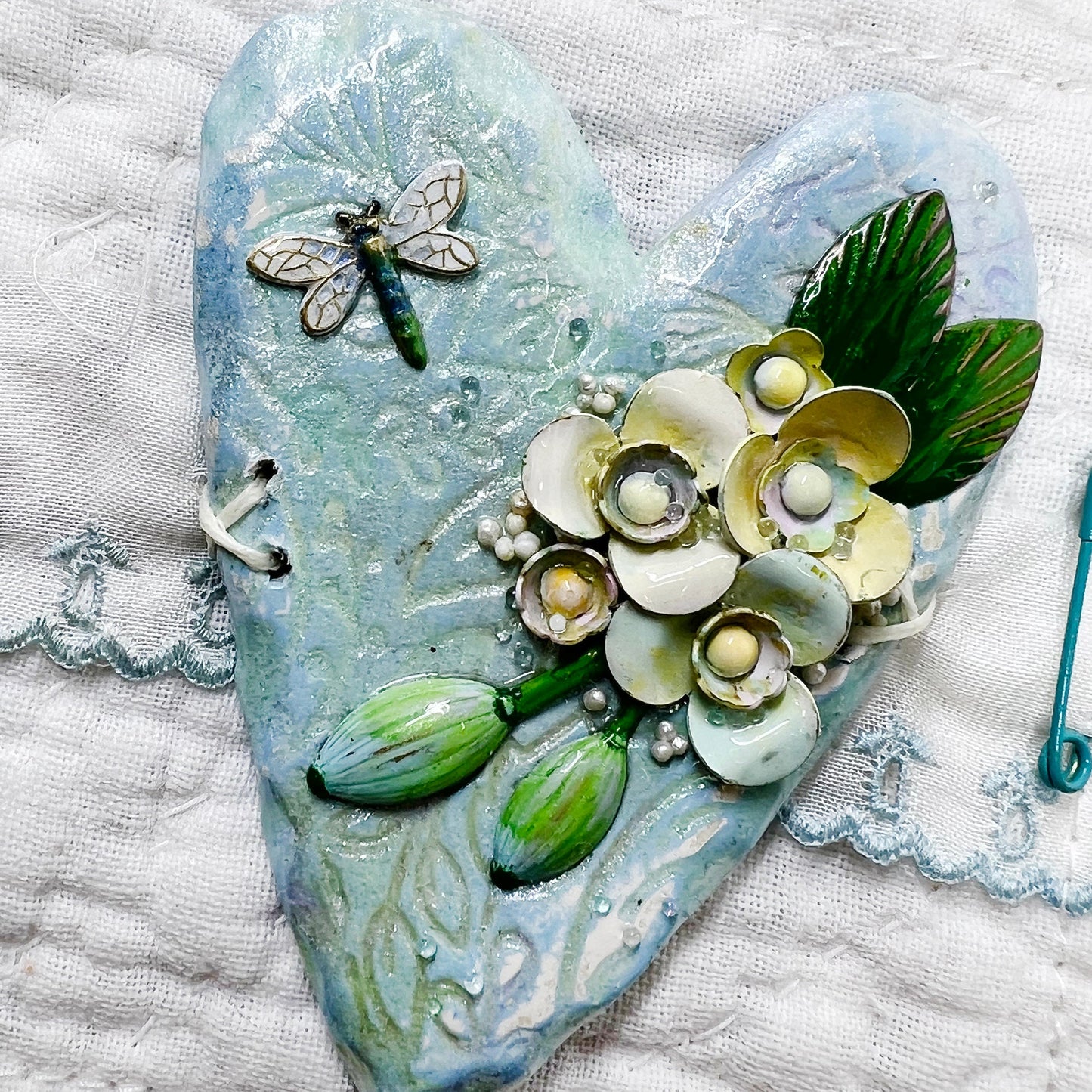 Handmade Heartfelt Sampler 13: framed hand sculpted heart with hand-painted enameled flowers by artist Tammy Tutterow