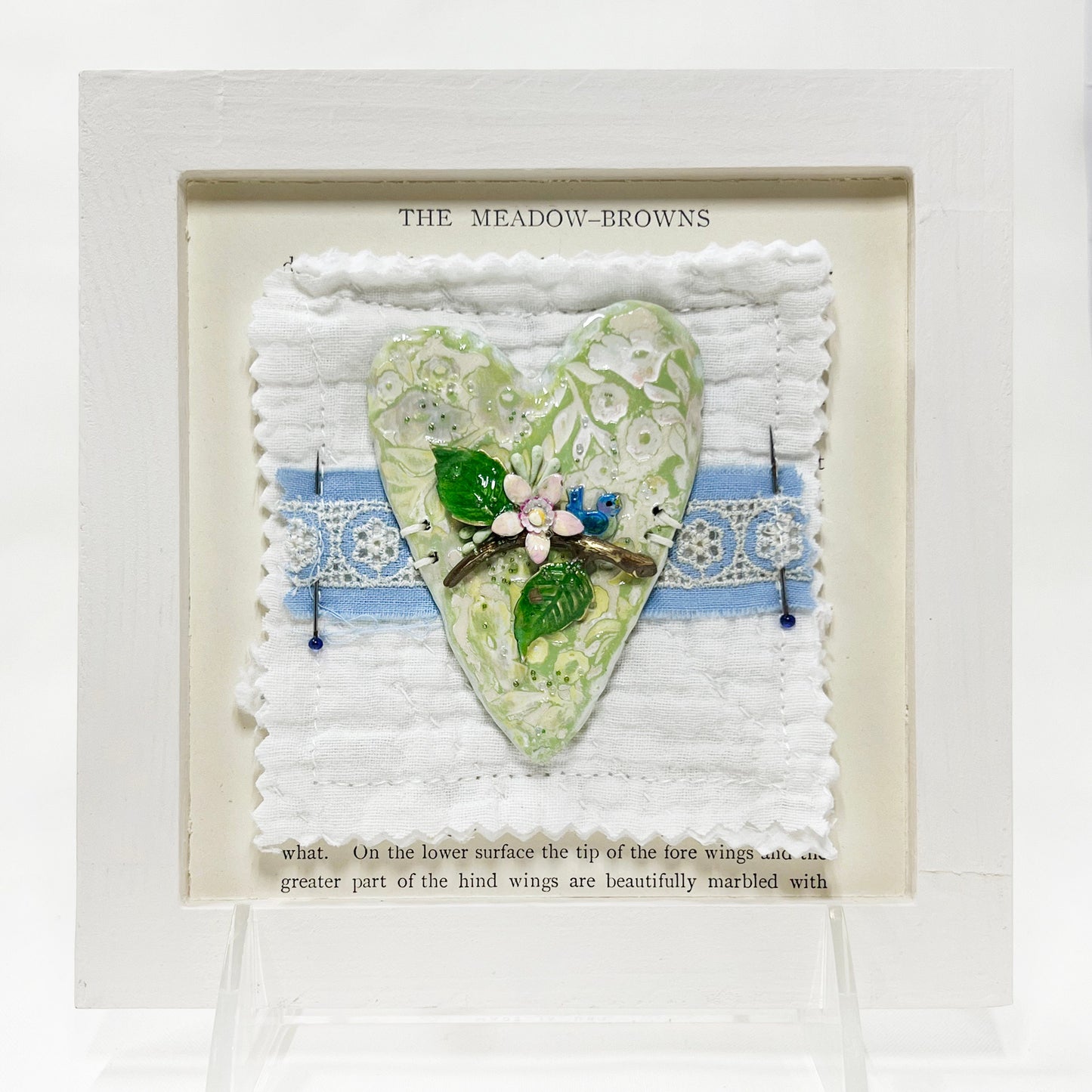 Handmade Heartfelt Sampler 14: framed hand sculpted heart with hand-painted enameled flowers by artist Tammy Tutterow
