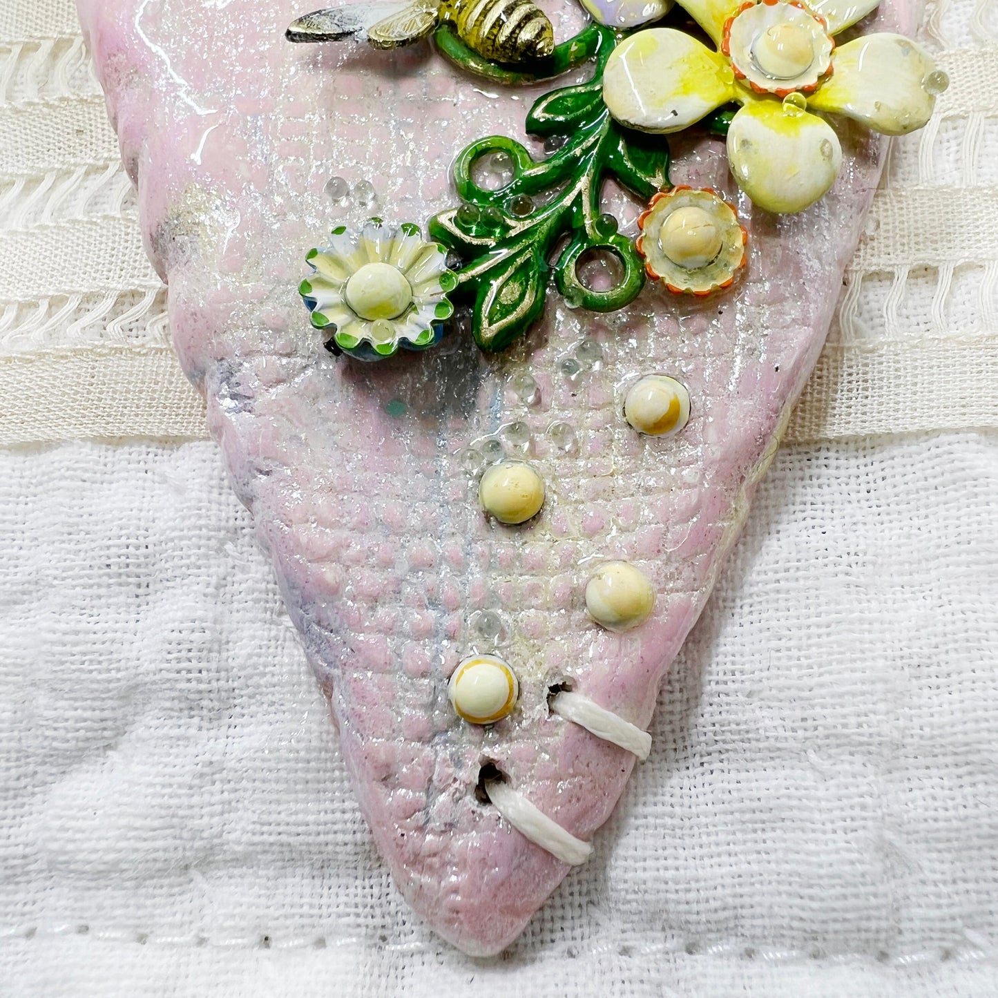 Handmade Heartfelt Sampler 15: framed hand sculpted heart with hand-painted enameled flowers by artist Tammy Tutterow