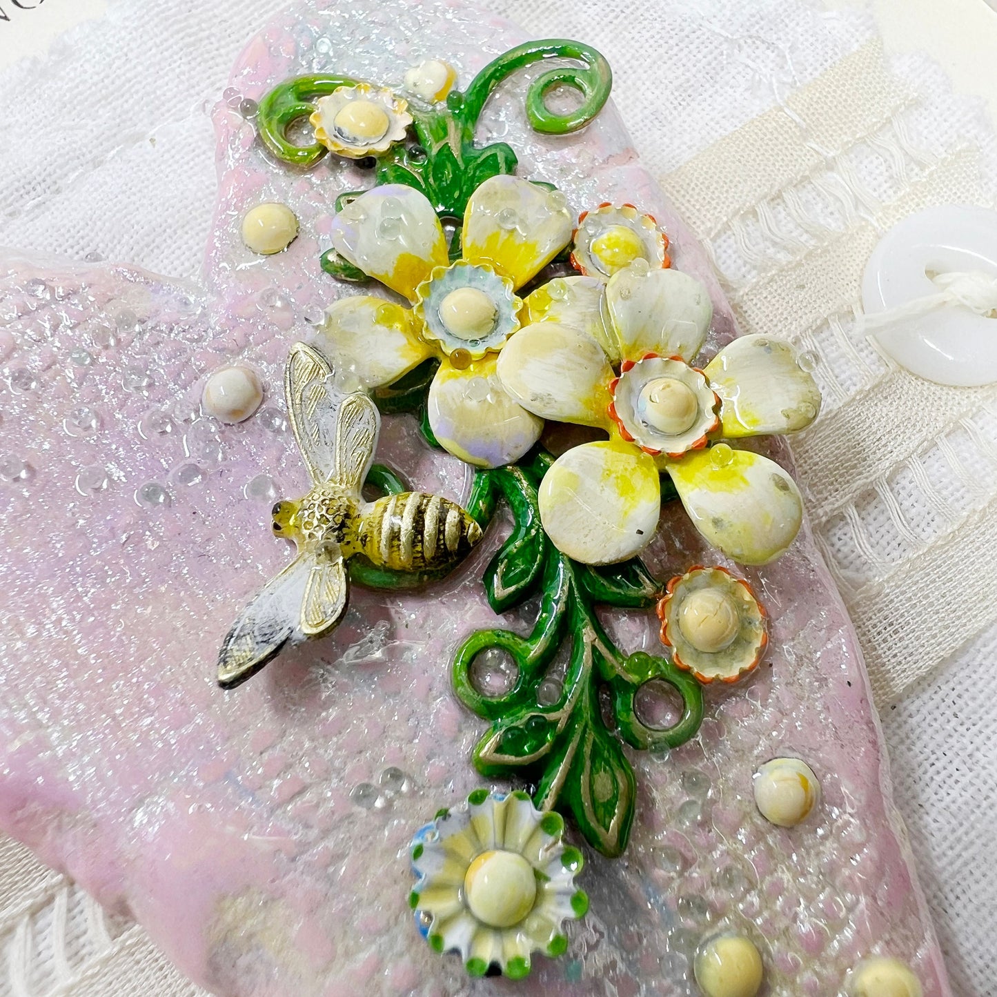 Handmade Heartfelt Sampler 15: framed hand sculpted heart with hand-painted enameled flowers by artist Tammy Tutterow