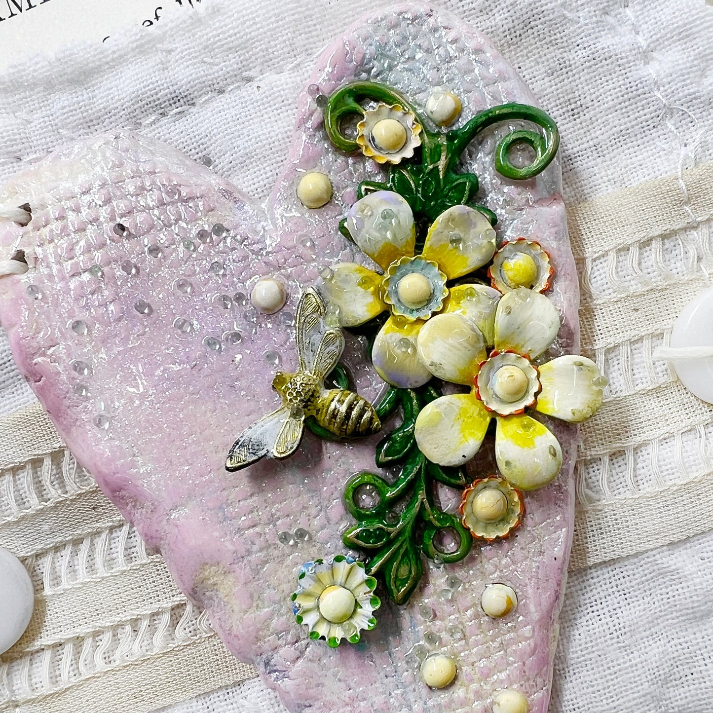 Handmade Heartfelt Sampler 15: framed hand sculpted heart with hand-painted enameled flowers by artist Tammy Tutterow