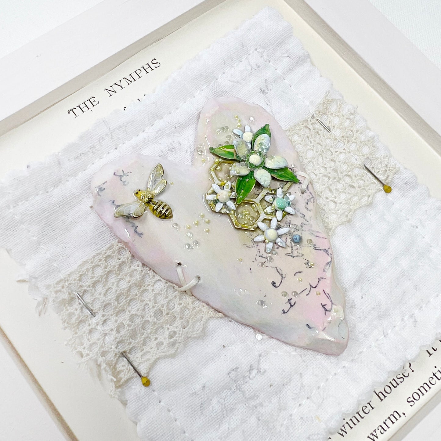 Handmade Heartfelt Sampler 16: framed hand sculpted heart with hand-painted enameled flowers by artist Tammy Tutterow